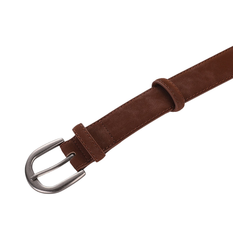 Ceinture en cuir suédé marron pour femme, modèle Volage, avec boucle ardillon argentée mate et surpiqûres visibles.