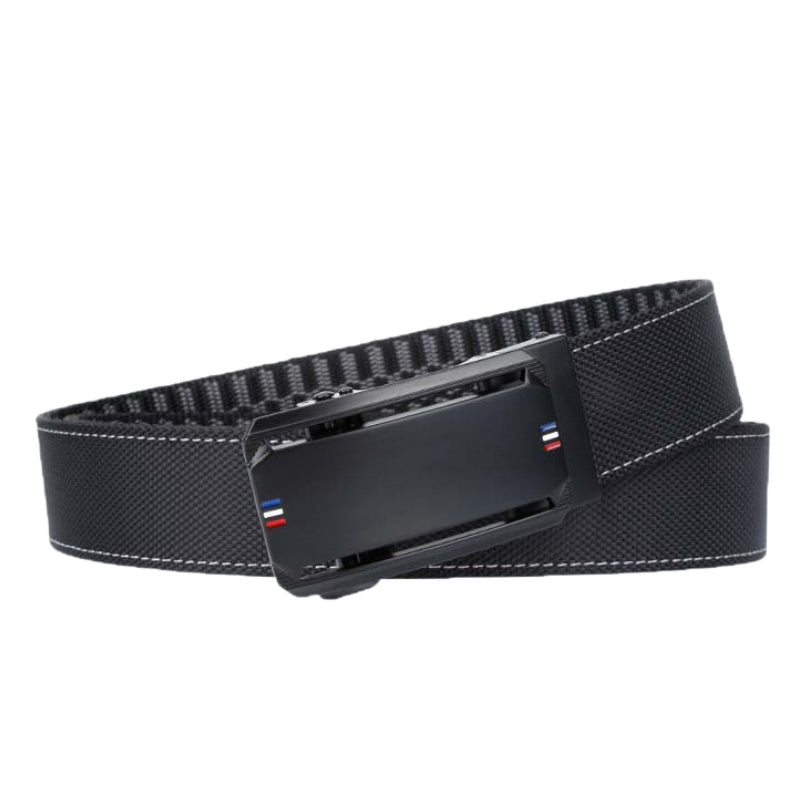 Ceinture homme Voltaire Noir en tissu noir avec boucle automatique rectangulaire noire et liserés tricolores, style moderne et élégant.