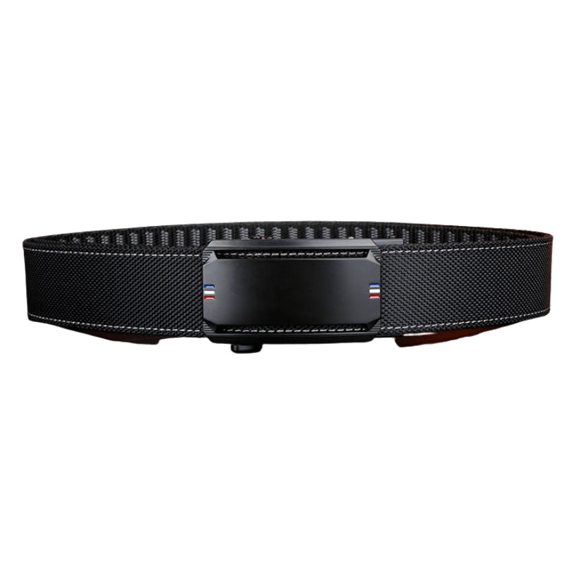 Ceinture homme Voltaire Noir, boucle automatique rectangulaire noire, lanière en tissu noir avec coutures blanches et détails tricolores.