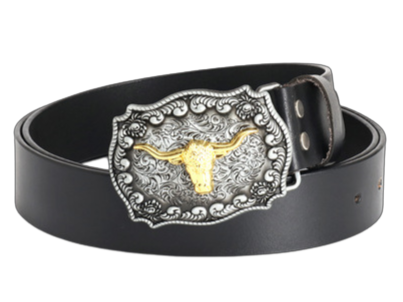 Ceinture homme Voltige 1 en cuir noir avec boucle western argentée et dorée ornée d'une tête de taureau