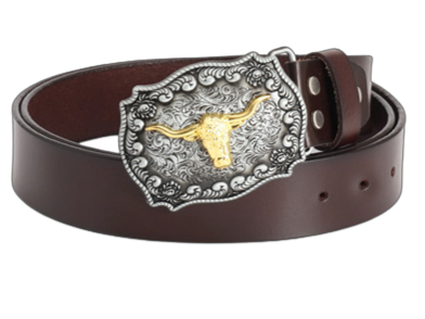 Ceinture homme Voltige 1 en cuir marron avec boucle western argentée et dorée ornée d'une tête de taureau