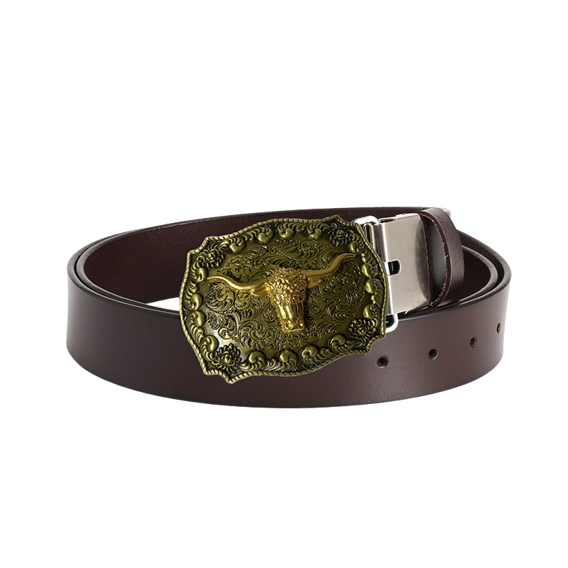 Ceinture pour homme Voltige 2 en cuir marron avec boucle imposante en alliage doré représentant une tête de taureau style western.