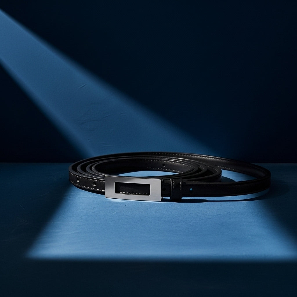 Ceinture fine Wanda en cuir noir avec boucle rectangulaire argentée et finition évidée. #fullwidth