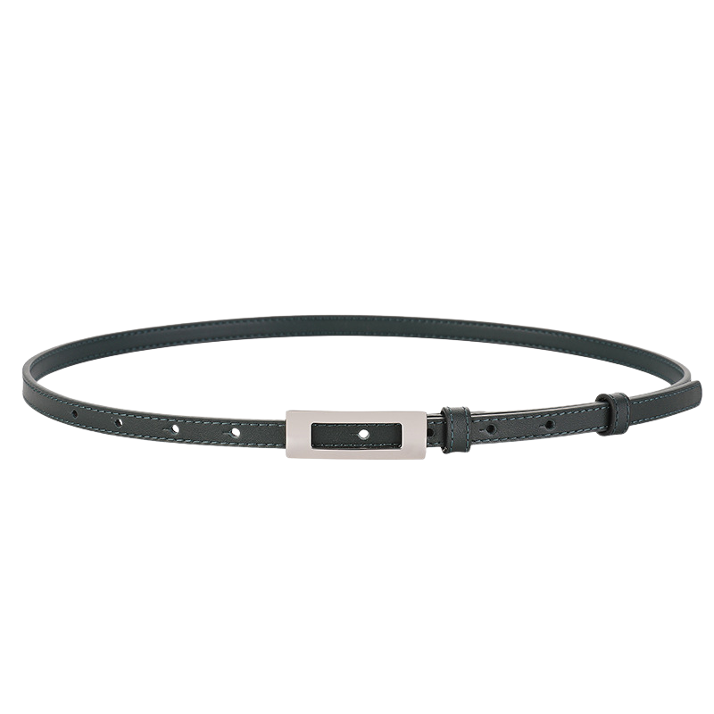 Ceinture fine Wanda en cuir pleine fleur de vachette vert foncé avec une boucle rectangulaire argentée minimaliste.