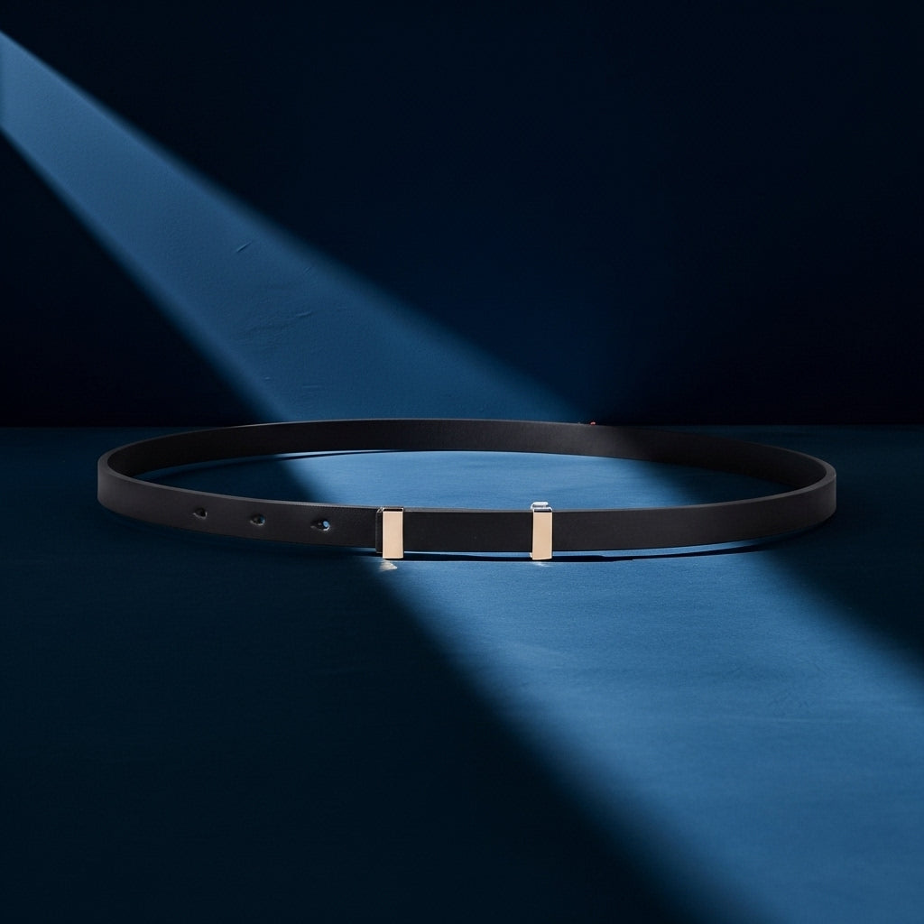 Ceinture fine noire en cuir nubuck pour femme, modèle Whisper, avec boucle rectangulaire dorée discrète et fermeture coulissante. Idéale pour souligner la taille avec élégance. #fullwidth