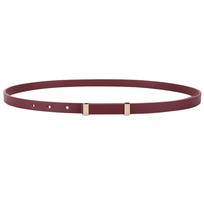 Ceinture fine pour femme Whisper en cuir bordeaux nubuck avec boucle rectangulaire dorée et fermeture coulissante.