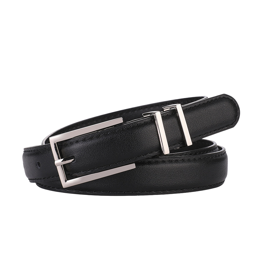 Ceinture fine Wilhelmine en cuir de vachette noir avec boucle rectangulaire argentée