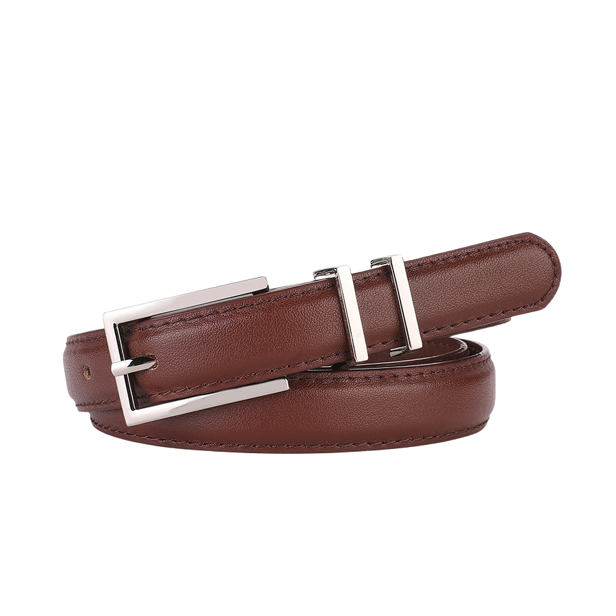 Ceinture fine en cuir marron café pour femme, modèle Wilhelmine, avec boucle rectangulaire argentée et double passant.