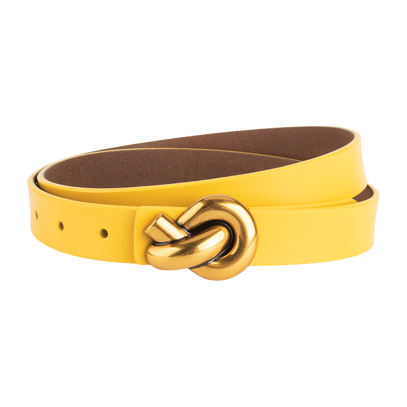 Ceinture Yasmine jaune en cuir refendu avec boucle nœud dorée décorative.