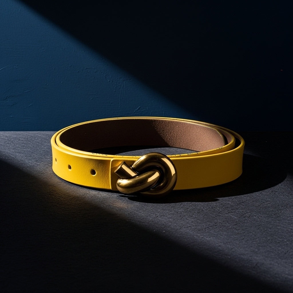 Ceinture Yasmine jaune en cuir refendu avec boucle décorative nœud en alliage doré, fermoir sans ardillon #fullwidth