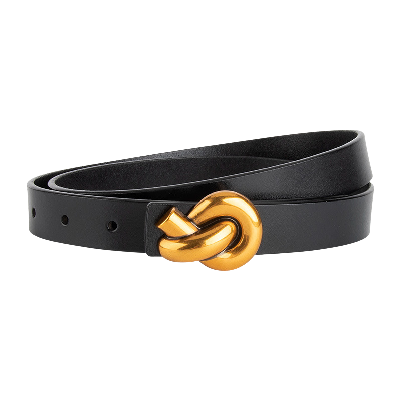 Ceinture Yasmine noire en cuir refendu avec boucle nœud décorative en alliage doré