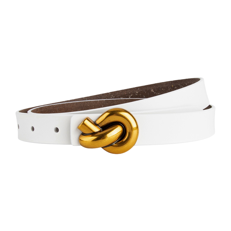 Ceinture fine Yasmine blanche en cuir refendu avec boucle décorative dorée en forme de nœud