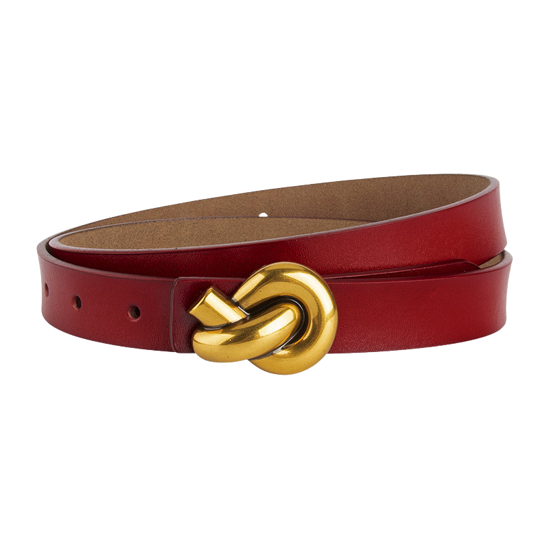 Ceinture femme Yasmine en cuir rouge lisse avec boucle décorative dorée en forme de nœud