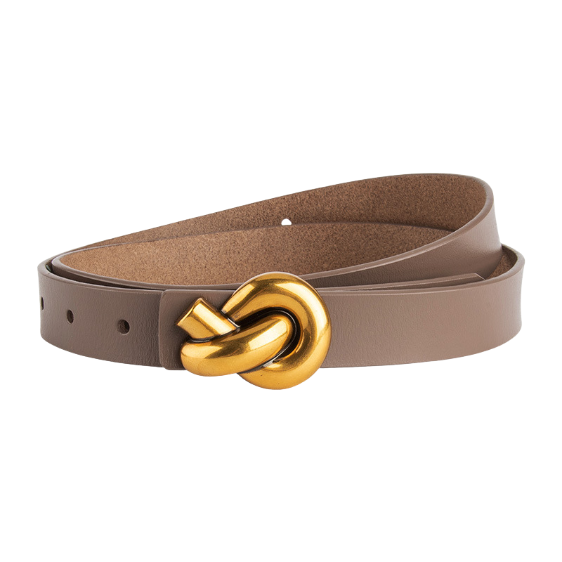 Ceinture femme Yasmine en cuir refendu de vachette couleur café clair avec boucle nœud décorative en alliage doré