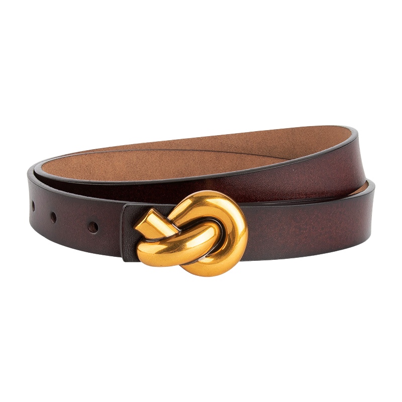 Ceinture Yasmine en cuir marron foncé avec boucle nœud dorée, design épuré et élégant.