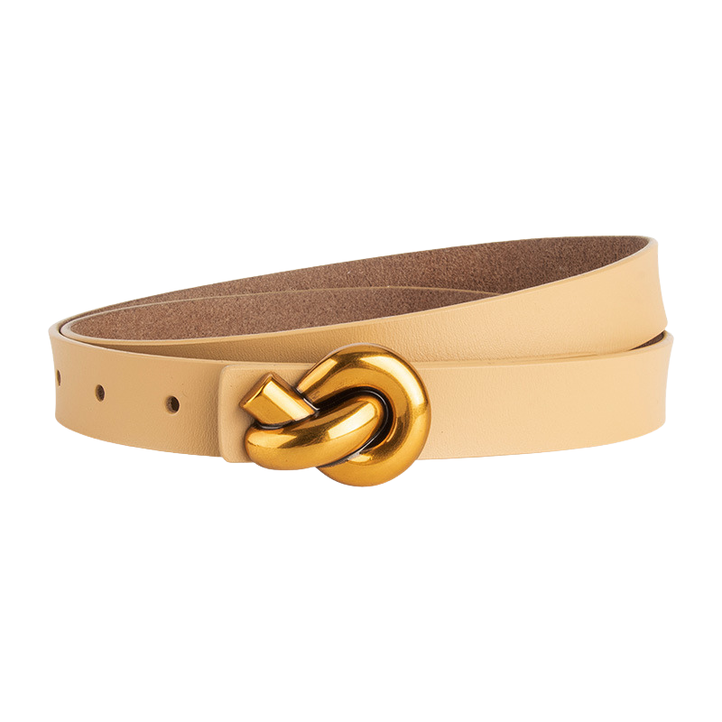 Ceinture femme Yasmine en cuir beige clair avec boucle nœud décorative dorée