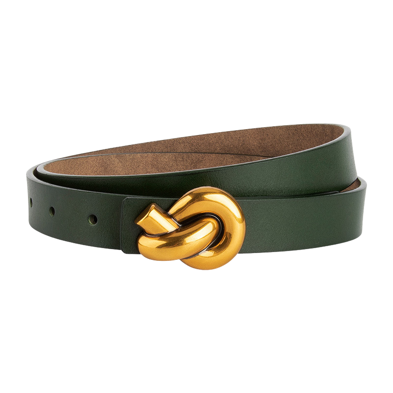 Ceinture Yasmine vert foncé en cuir refendu avec boucle décorative dorée en forme de nœud et sans ardillon.