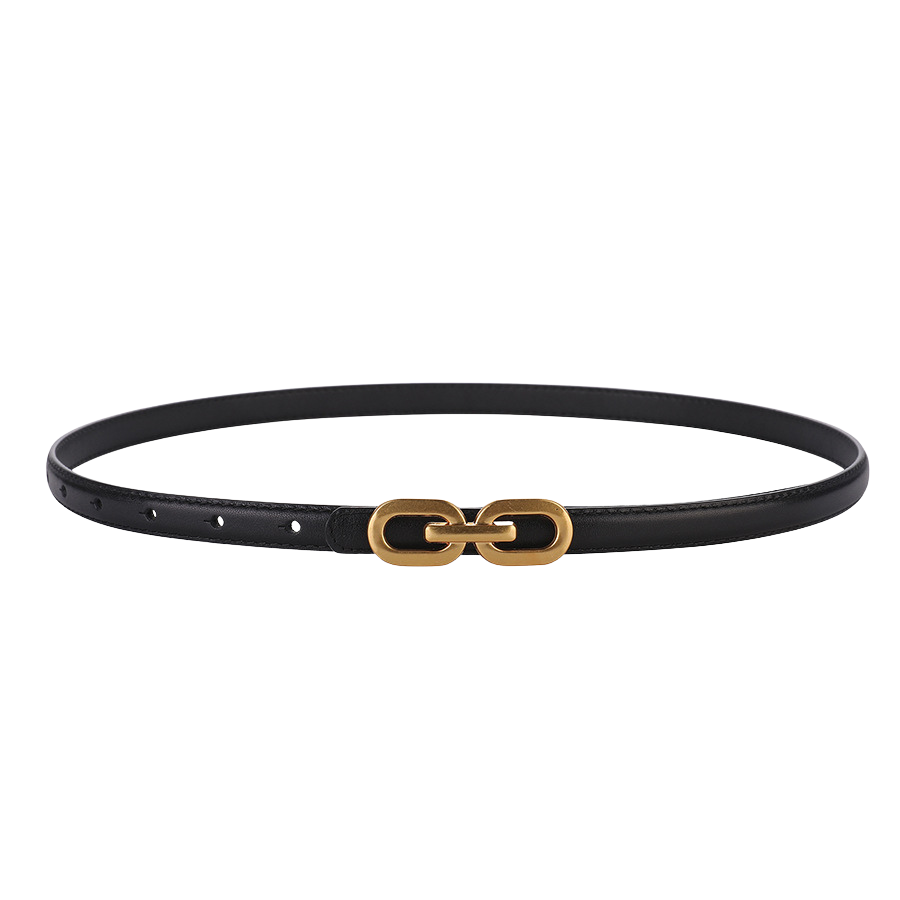 Ceinture fine noire Ysaline en cuir de vachette avec boucle dorée décorative de type chaîne.