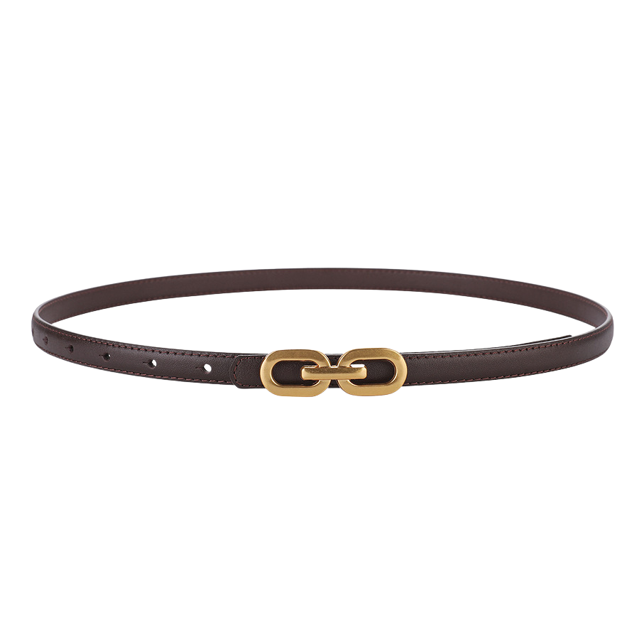 Ceinture fine en cuir marron pour femme, modèle Ysaline, avec boucle dorée décorative à maillons ovales.