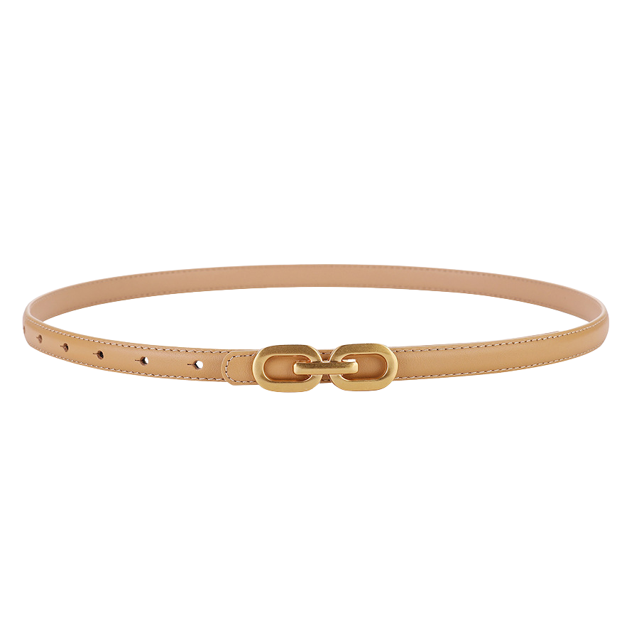 Ceinture fine Ysaline en cuir beige avec boucle dorée décorative en forme de maillons ovales.