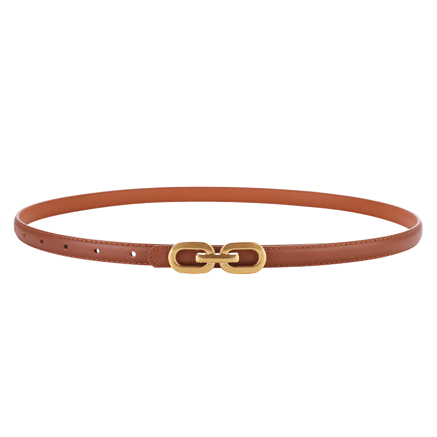 Ceinture fine en cuir marron clair Ysaline pour femme, avec boucle dorée décorative en forme de maillons.