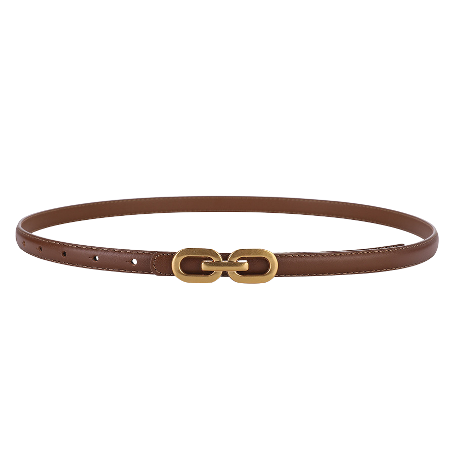 Ceinture fine en cuir marron pour femme, modèle Ysaline, avec une boucle dorée décorative à maillons ovales.