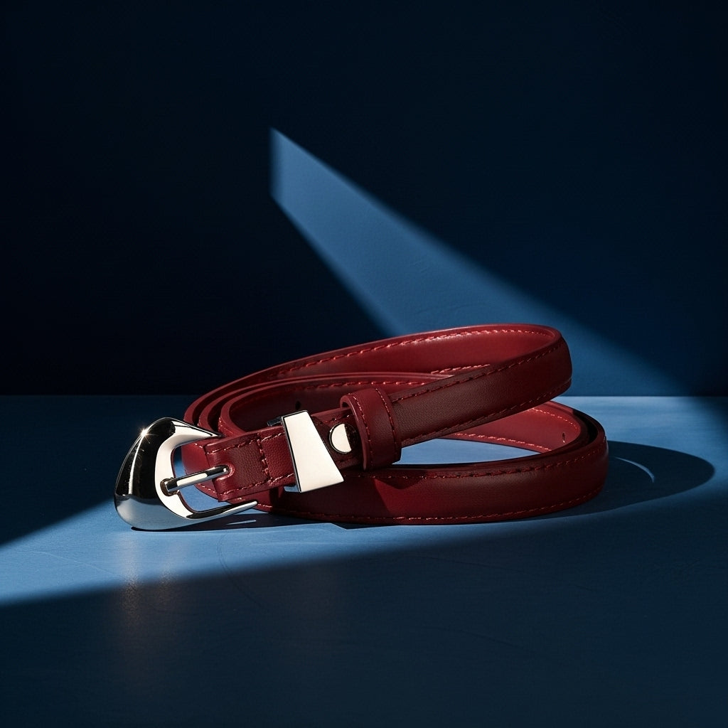 Ceinture fine Ysée en cuir pleine fleur rouge bordeaux avec boucle argentée. #fullwidth