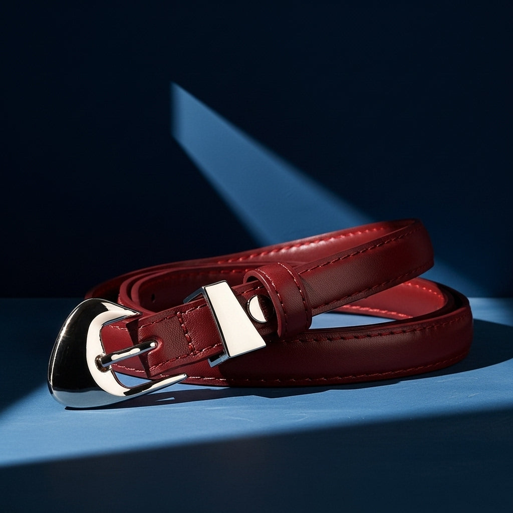 Ceinture fine Ysée en cuir rouge bordeaux avec boucle argentée au design arrondi, idéale pour un look élégant et minimaliste. #fullwidth