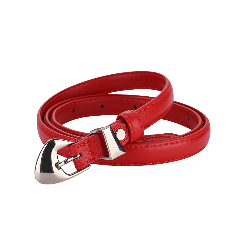 Ceinture fine Ysée en cuir rouge avec boucle argentée arrondie. Parfait pour un look élégant et minimaliste.