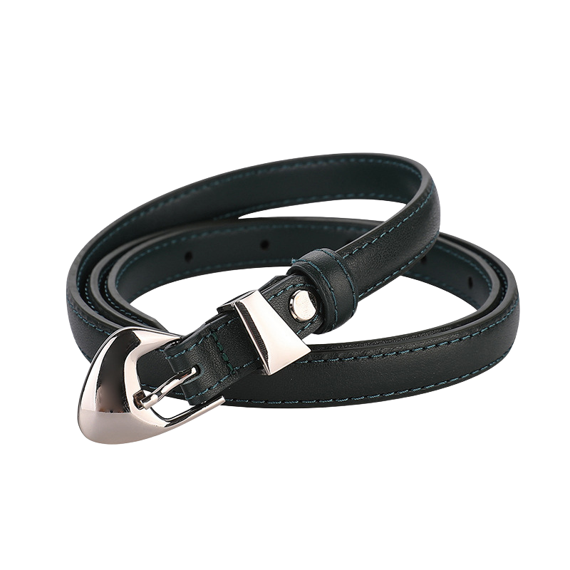 Ceinture fine Ysée en cuir pleine fleur vert foncé avec surpiqûres bleues et boucle argentée arrondie.