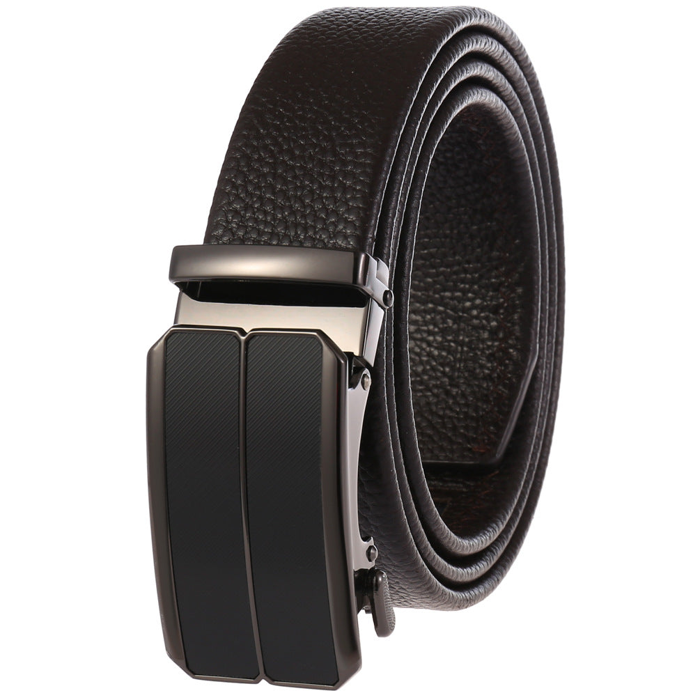 Ceinture Yves en cuir de vachette marron texturé avec boucle automatique noir et argenté