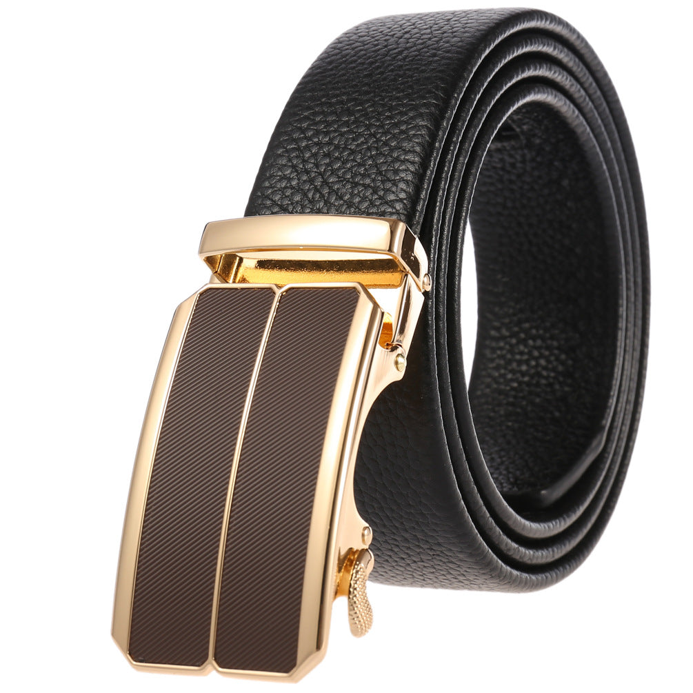 Ceinture pour homme Yves en cuir noir avec boucle rectangulaire dorée et détails texturés marron