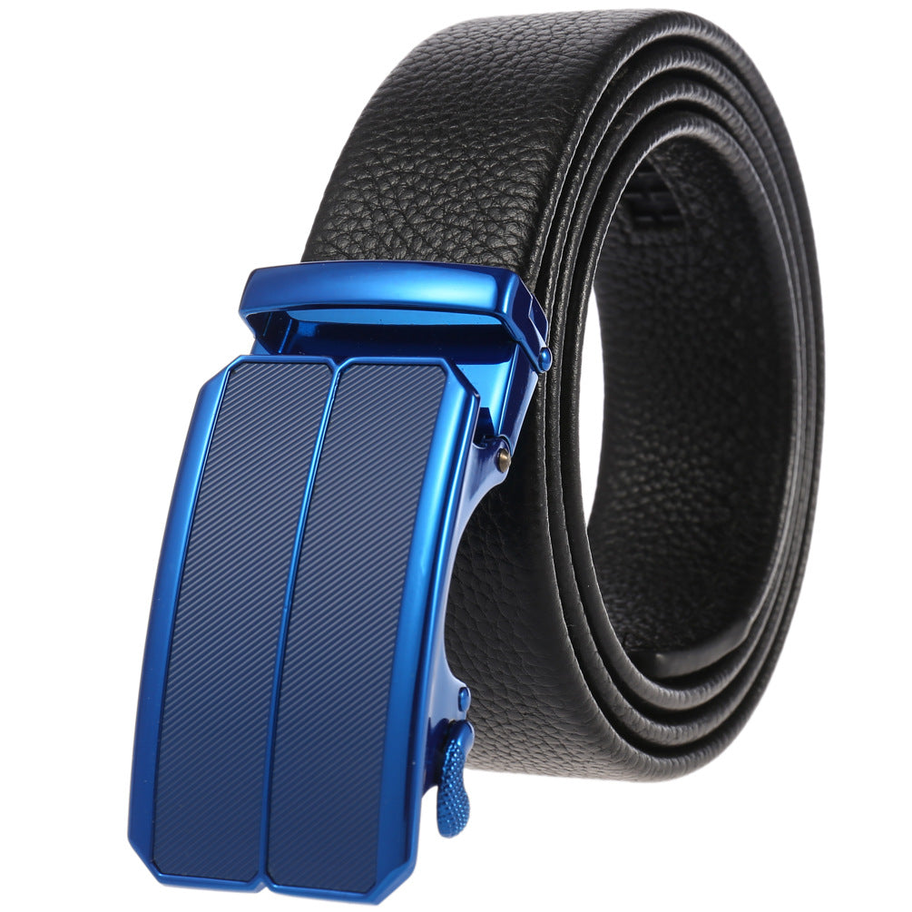 Ceinture Yves noire pour homme avec boucle automatique rectangulaire bleu vif et lanière texturée 20T.