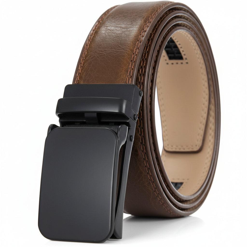 Ceinture homme Yves Lin 60 marron avec boucle automatique rectangulaire noire en alliage métallique.