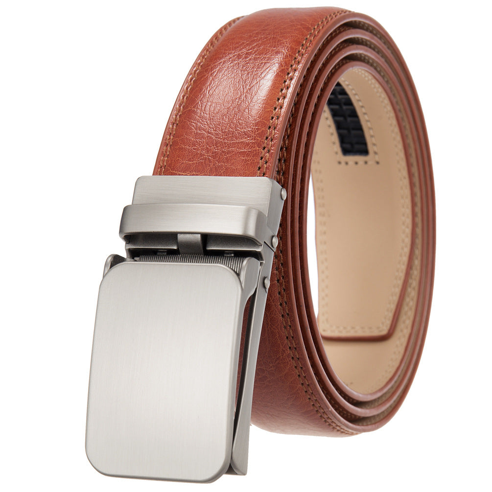 Ceinture homme Yves Lin 60 marron clair en cuir refendu avec boucle automatique rectangulaire argentée #fullwidth