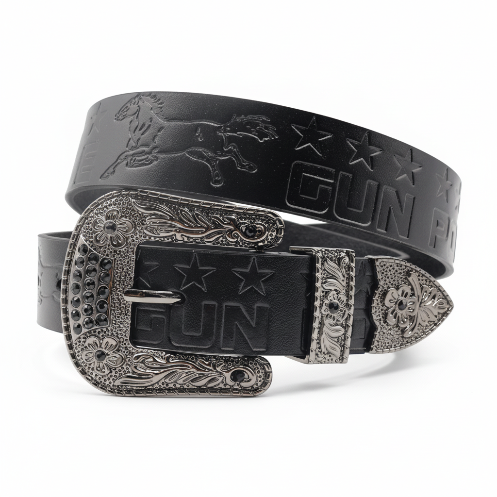 Ceinture en cuir noir pour homme Zadig avec boucle ardillon ornée de strass et gravure 'GUN POLICE', motif cheval en relief #fullwidth