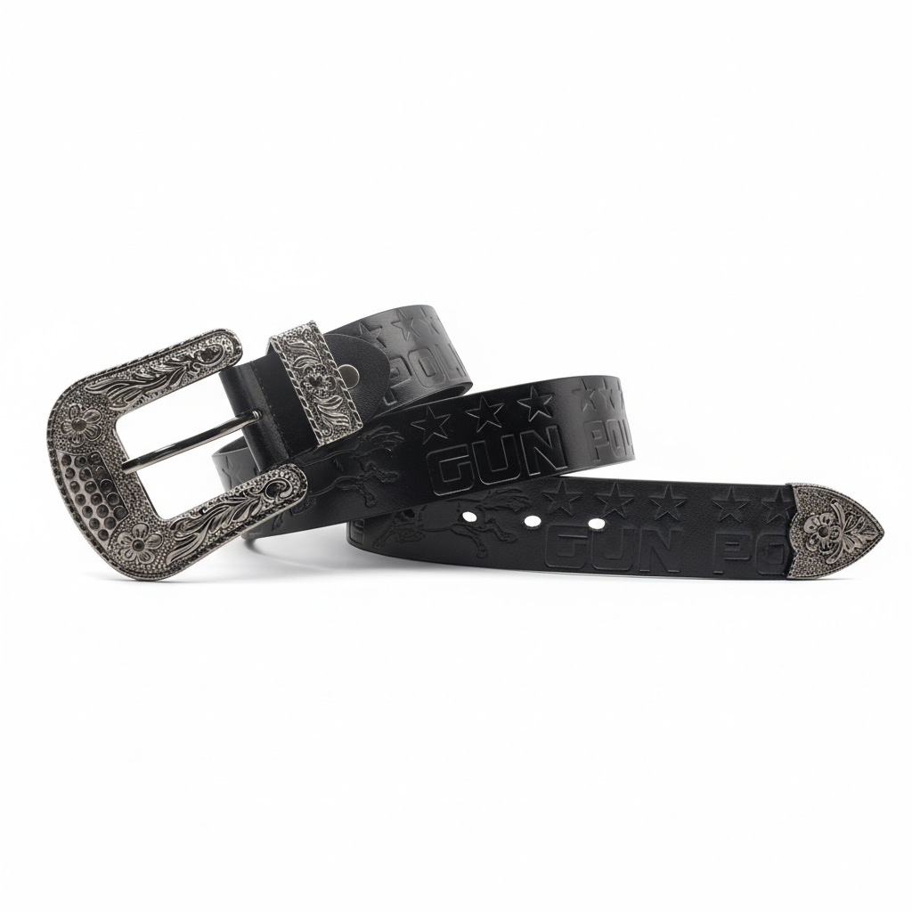 Ceinture pour homme Zadig en cuir noir avec boucle ardillon argentée gravée "GUN POLICE" et motif en relief, finitions ornées. #fullwidth