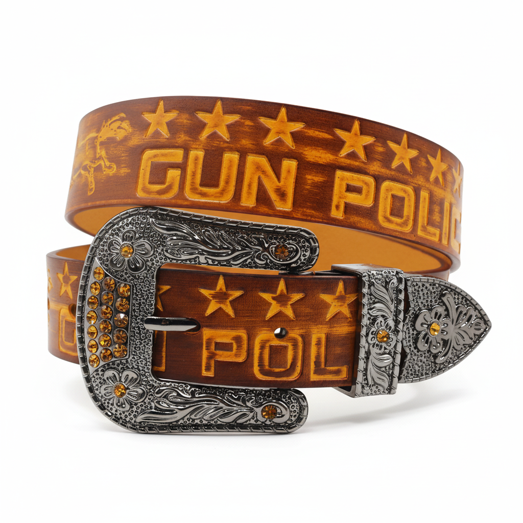 Ceinture en cuir marron pour homme Zadig avec boucle argentée ornée de strass et gravure "GUN POLICE" #fullwidth
