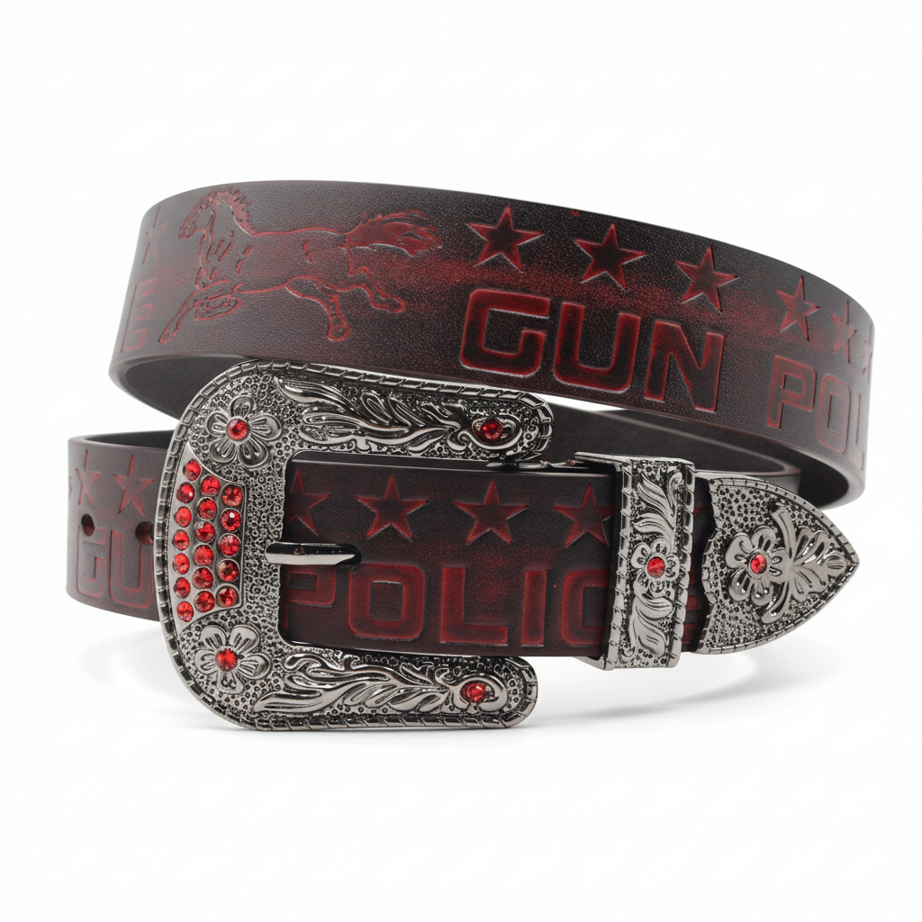 Ceinture homme Zadig en cuir de vachette bordeaux avec motif "GUN POLICE" gravé, boucle ardillon argentée ornée de strass rouges et d'un cheval en relief.