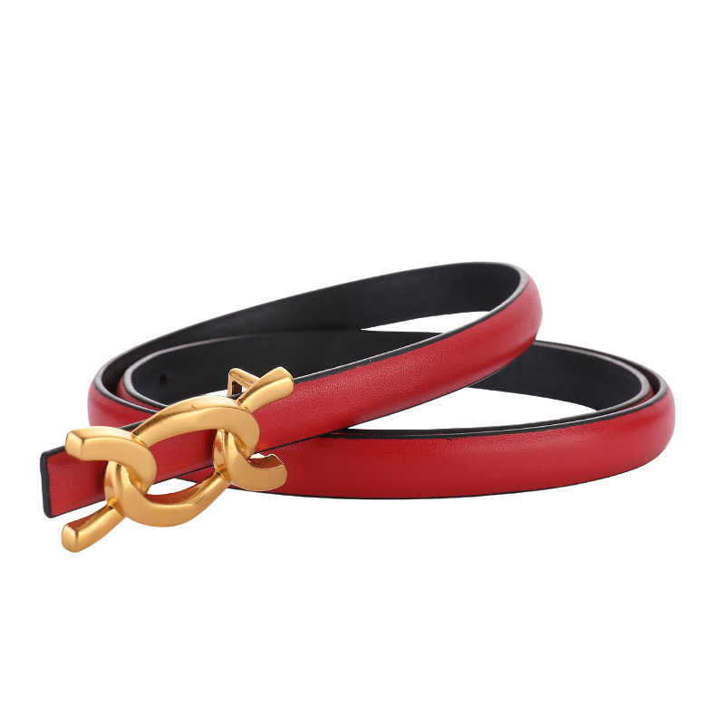 Ceinture fine rouge pour femme Zénaïde en cuir avec boucle dorée double anneau entrelacé sans ardillon.