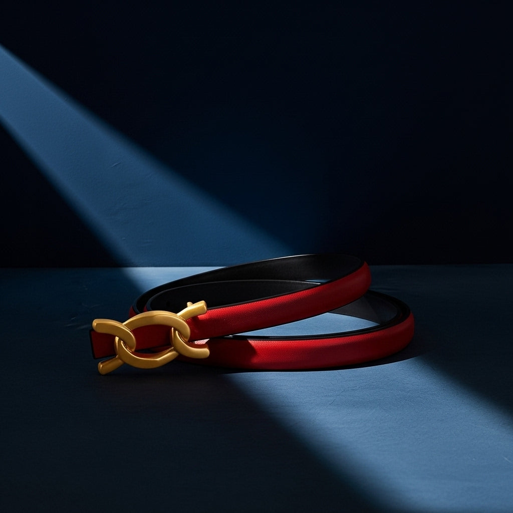 Ceinture fine Zénaïde pour femme en cuir rouge avec boucle dorée double anneau entrelacé sans ardillon. #fullwidth