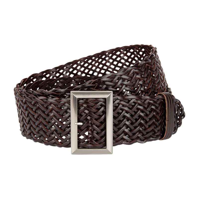 Ceinture femme Zéphira en simili cuir tressé marron foncé, avec une boucle rectangulaire argentée.