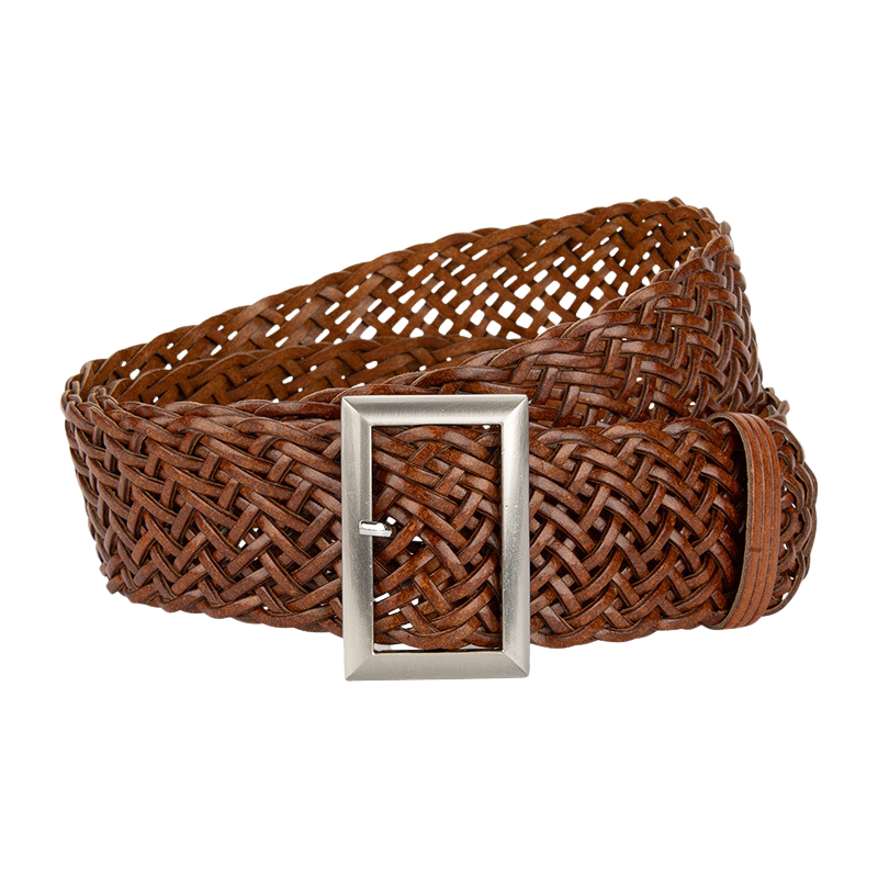 Ceinture femme Zéphira marron en simili cuir tressé avec boucle rectangulaire argentée.