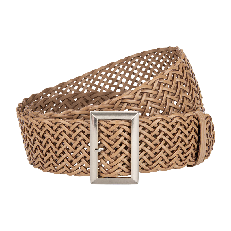 Ceinture Zéphira beige en simili cuir tressé avec boucle rectangulaire argentée