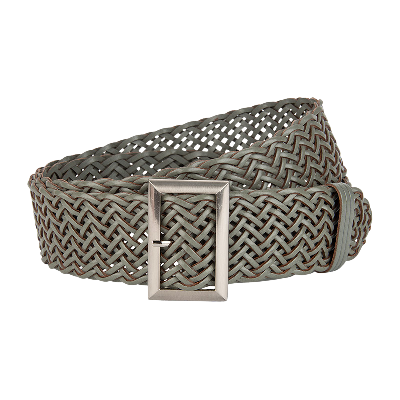 Ceinture femme Zéphira grise en simili cuir tressé, avec boucle rectangulaire argentée.