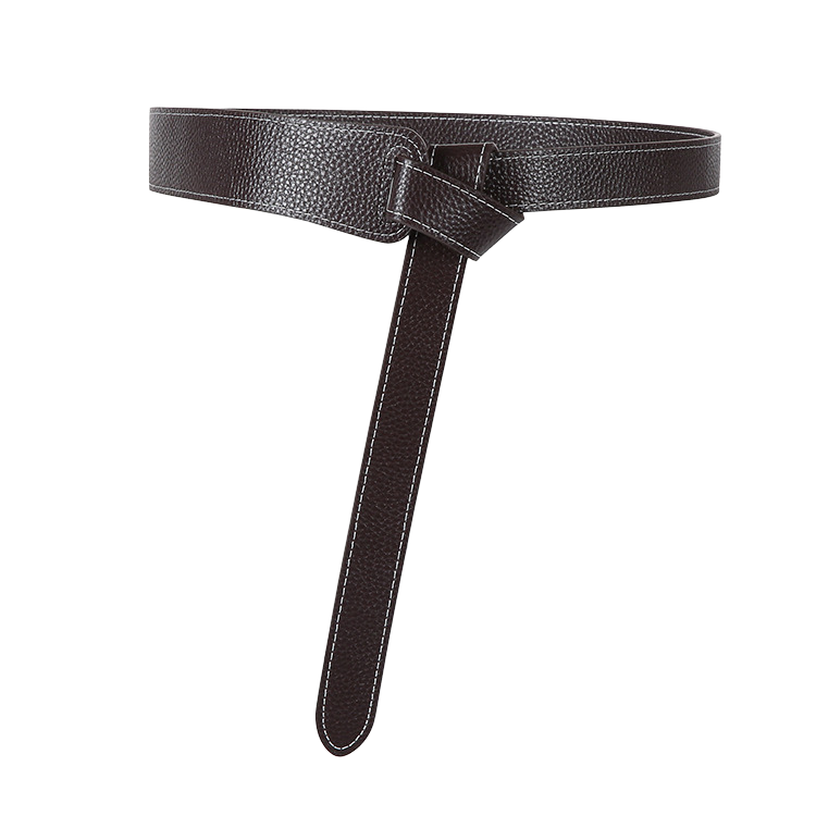 Ceinture Zéphyrine marron en cuir grainé avec coutures blanches contrastantes, largeur 3,8 cm, sans boucle, à nouer.