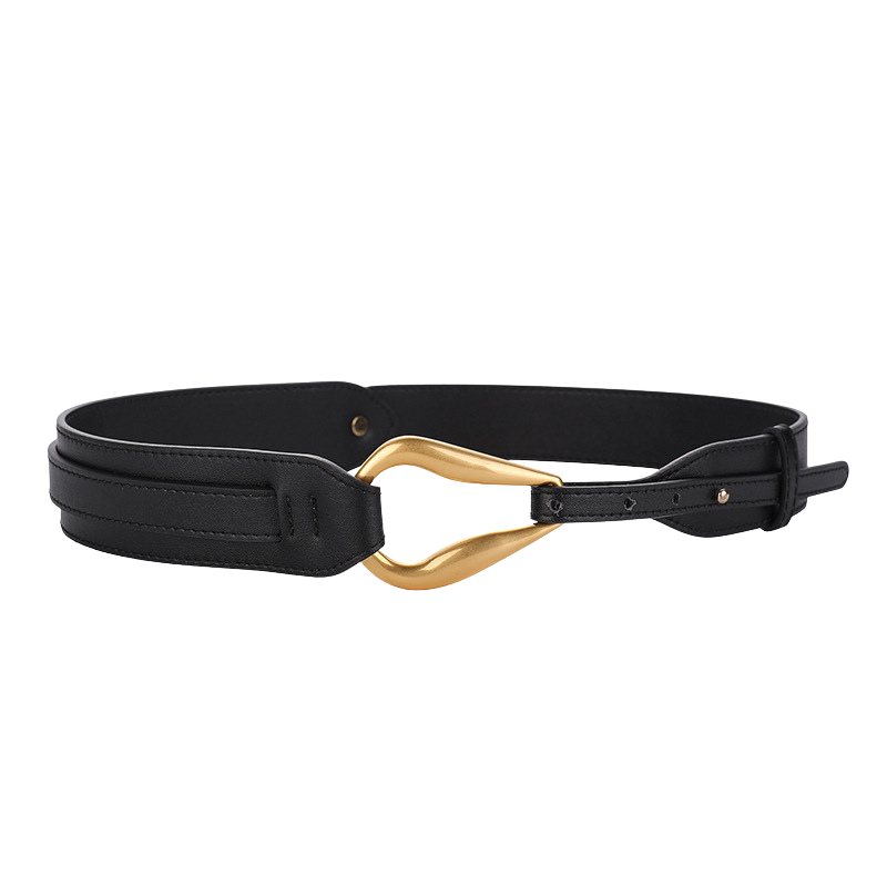 Ceinture large noire Zoé pour femme en cuir refendu avec boucle dorée stylisée en forme de goutte.