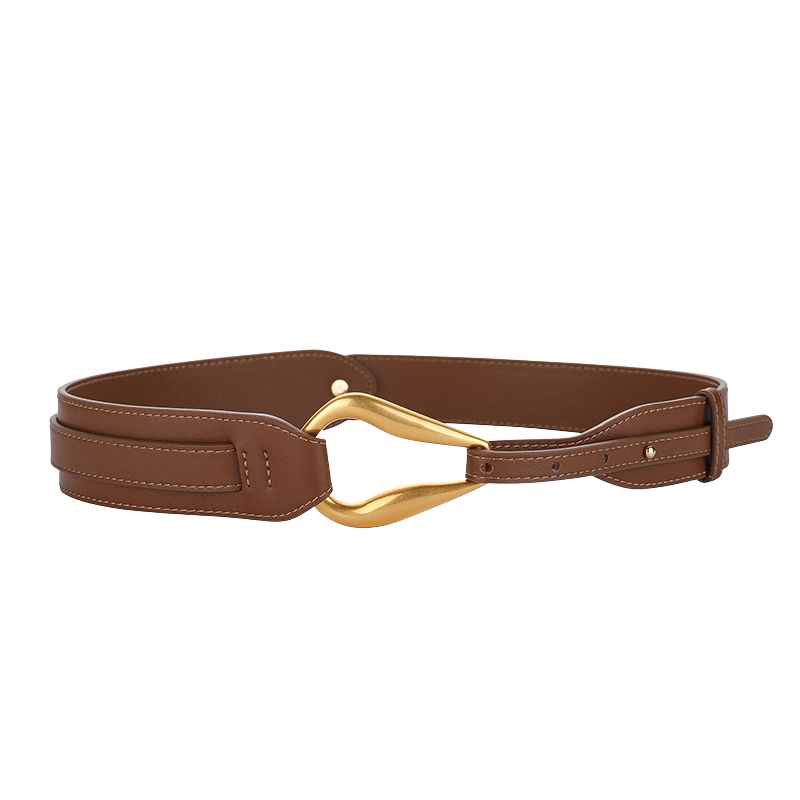 Ceinture large Zoé en cuir marron pour femme, avec une boucle dorée design crochet goutte stylisée.