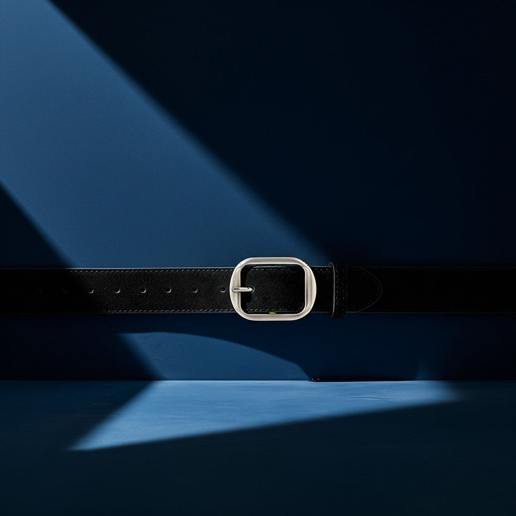 Ceinture Zoïa 1 en cuir de vachette noir effet daim, largeur 3.3cm, avec boucle ovale allongée argentée, sur fond bleu avec jeu d'ombres #fullwidth