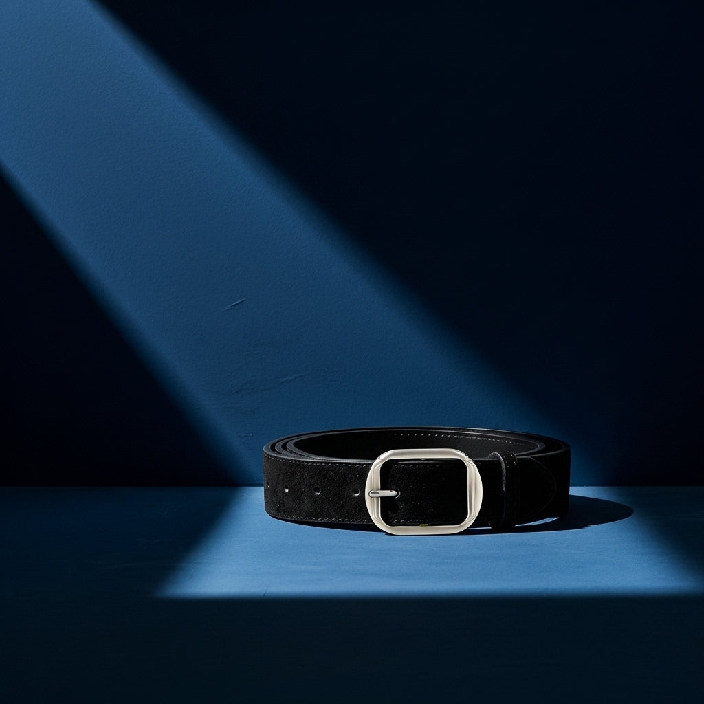 Ceinture Zoïa 1 noire en cuir de vachette refendu effet daim, avec boucle ardillon ovale allongée en métal argenté, #fullwidth